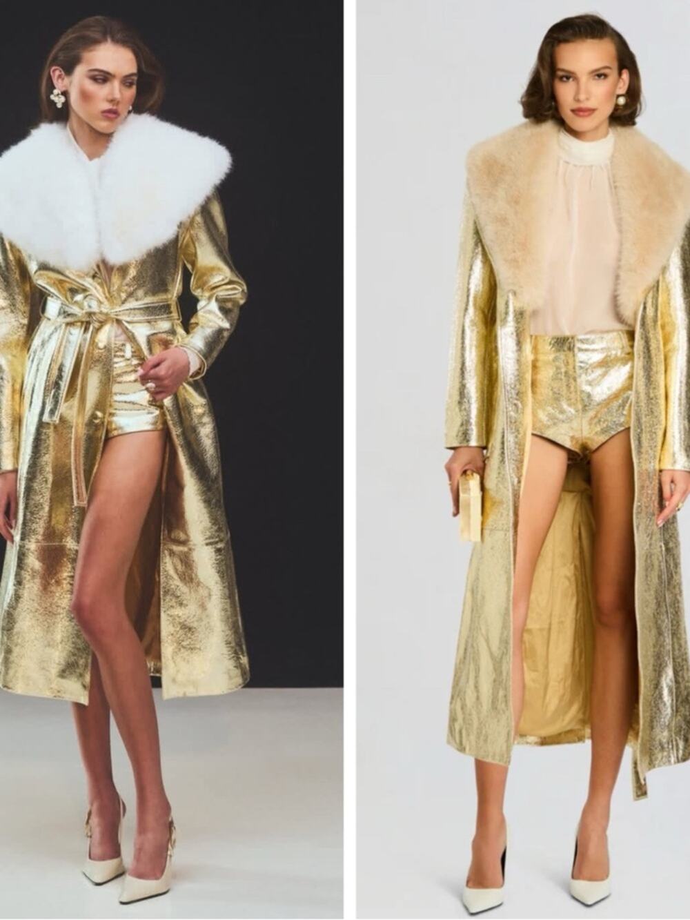 RETROFETE Kada Metallic Leather Long Fur Hem Gold Coat Size Large